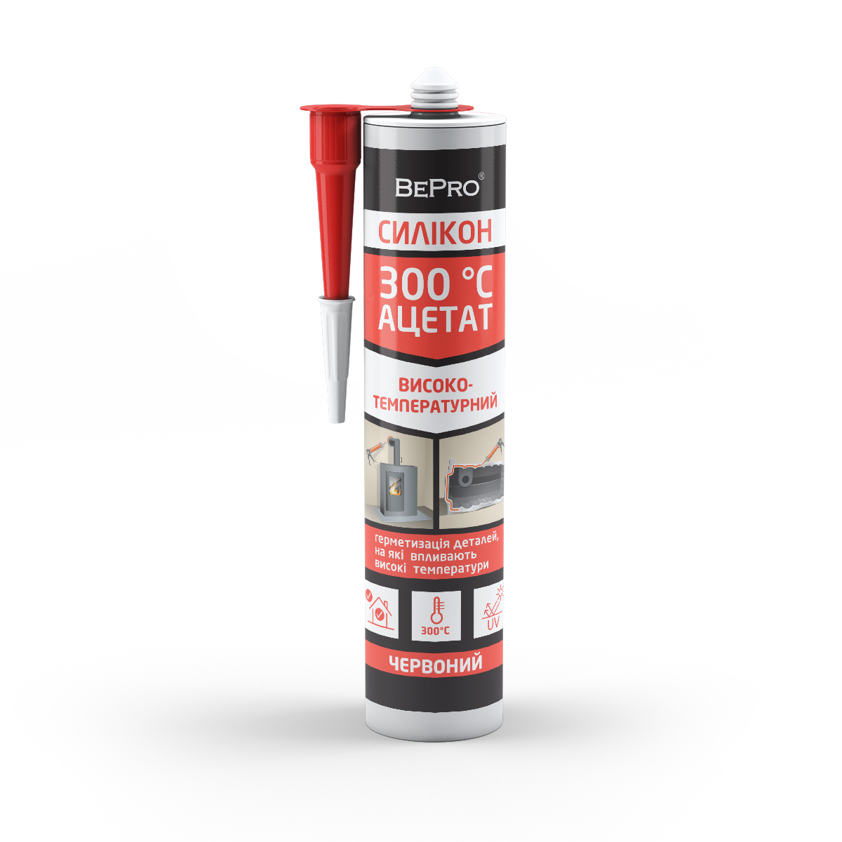 BEPRO 300 RED 280 ML - високотемпературний ацетатний силіконовий герметик, червоний
